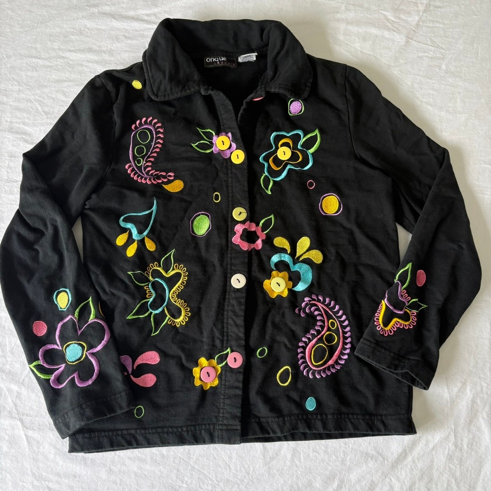 Onque Casuals Black Cotton Embroidered Floral Paisley Button Front‎ Jacket Small